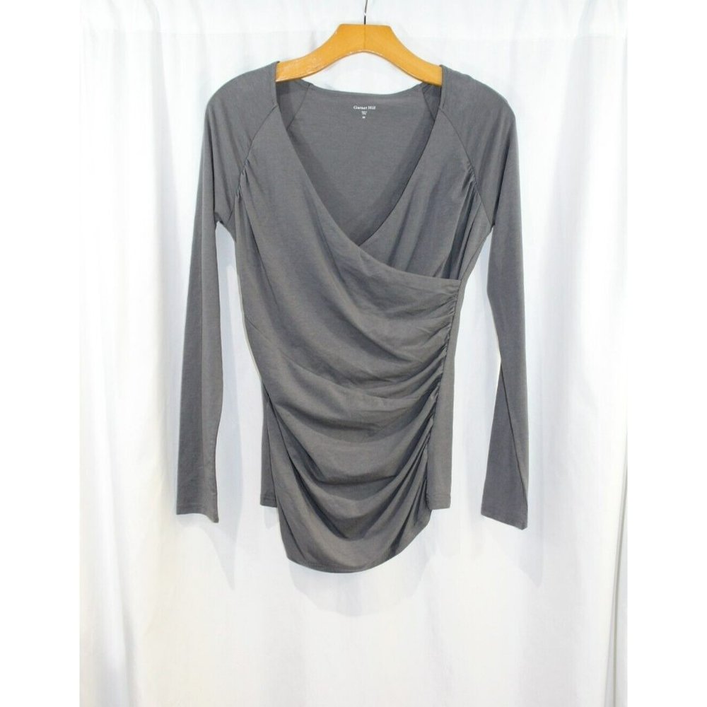 Garnet Hill Womens Grey Faux Wrap Long Sleeve Top XS - Picture 1 of 6